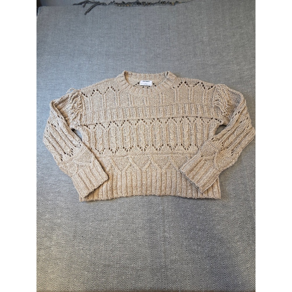 Old Navy Cropped Sweater Women Small Tan Pointelle Cable Knit Crew Neck Pullover